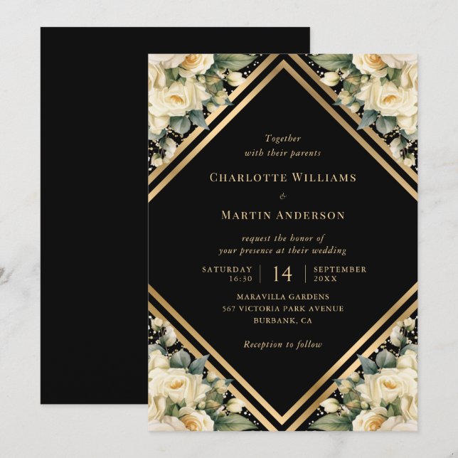 Invitation Floral Ivoire Noir Confetti Mariage géométrique (Devant / Derrière)