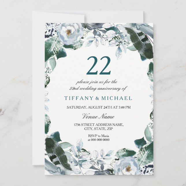 Invitation Floral Jade Green 22e anniversaire Mariage Invitat (Devant)