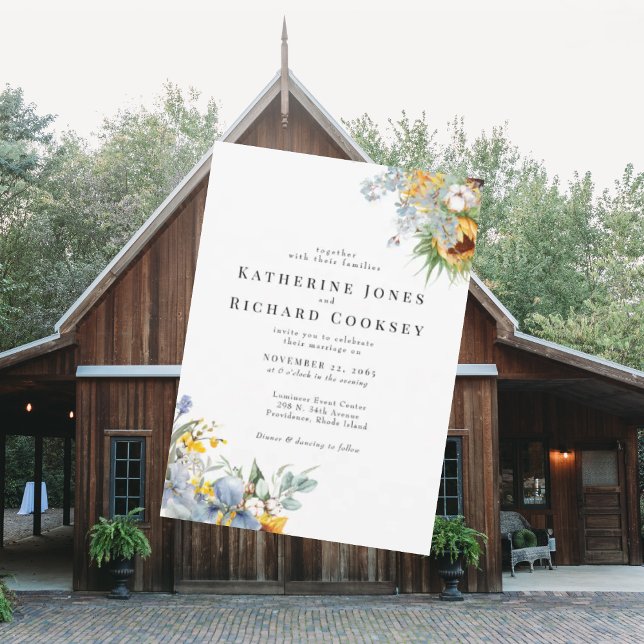 Invitation Floral jaune et bleu moderne Pas de parents Mariag (Créateur téléchargé)