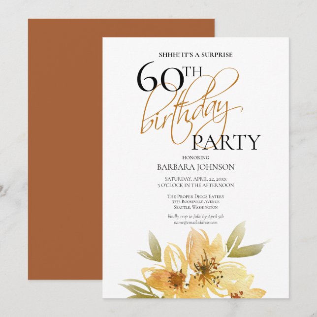 Invitation Floral jaune et cuivre Surprise 60e anniversaire (Devant / Derrière)