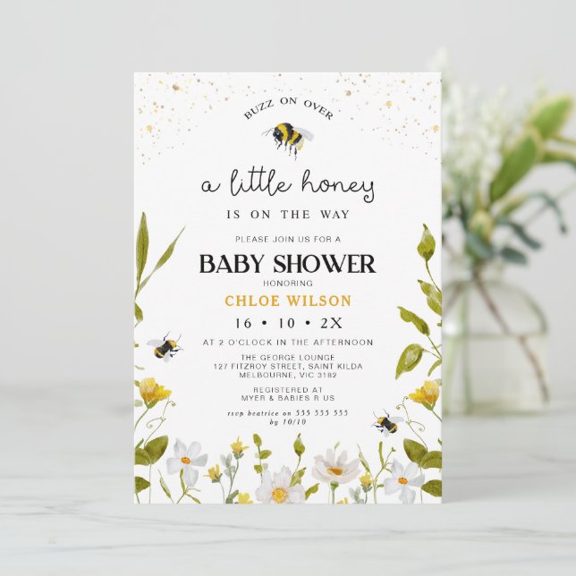 Invitation Floral Jaune Genre Neutre Miel Baby shower d'abeil (Debout devant)