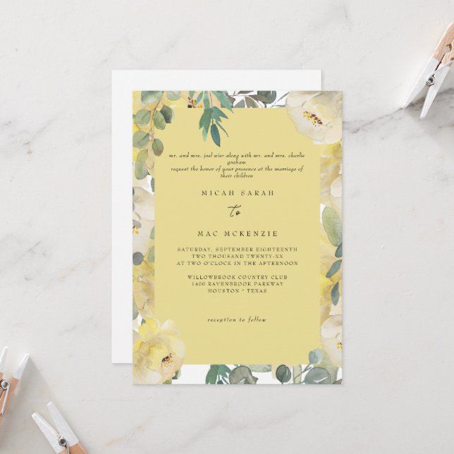 Invitation Floral jaune Les deux parents Mariage (Devant/Arrière en situation)