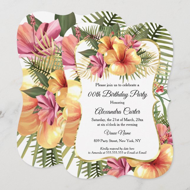 Invitation Floral Jaune rose Tropical Hibiscus Or Anniversair (Devant / Derrière)