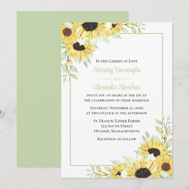 Invitation Floral Jaune Vert Aquarelle Mariage (Devant / Derrière)
