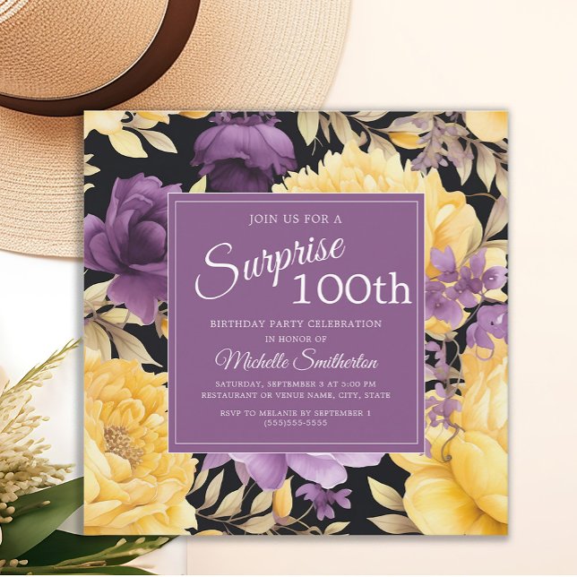 Invitation Floral jaune violet 100e Anniversaire surprenant (Purple and yellow floral surprise 100th birthday party invitation)