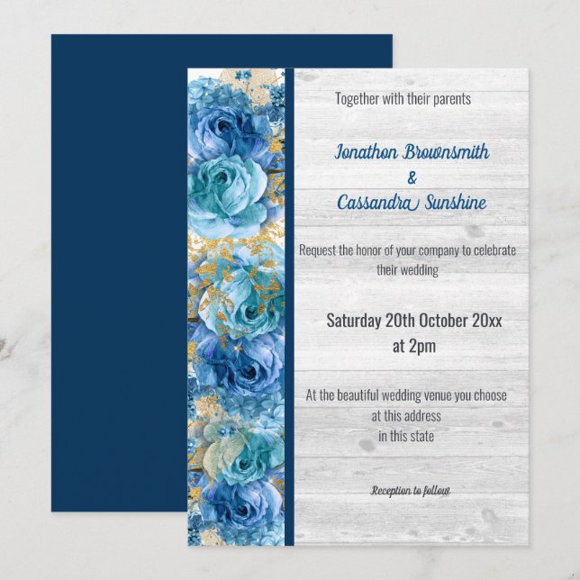INVITATION FLORAL JOTTY NAVY BLUE RUSTIC MARIAGE NAVY (Devant / Derrière)