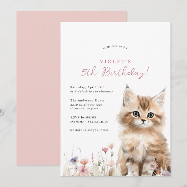 Invitation Floral Kitten Cute Chat Thème Fille d'anniversaire (Devant / Derrière)