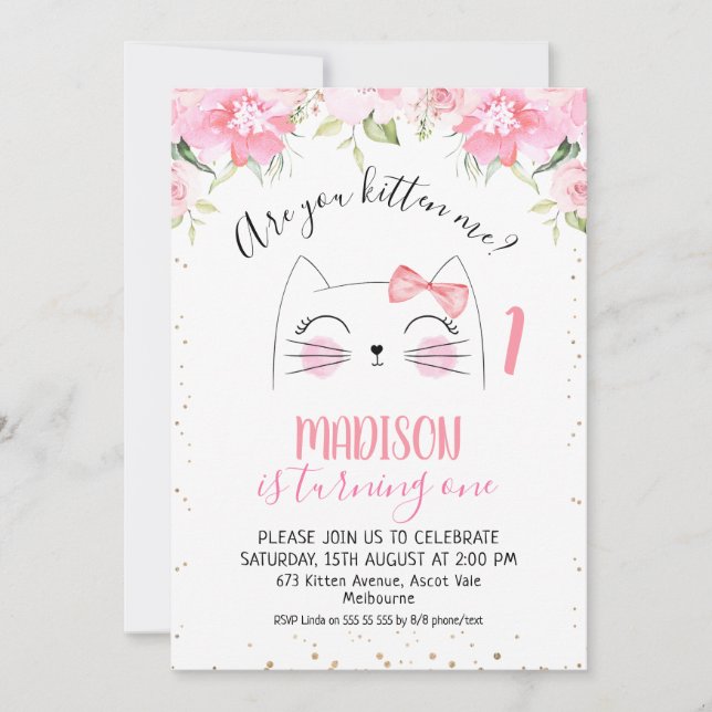 Invitation Floral Kitten Visage Are Your Kitte me Anniversair (Devant)