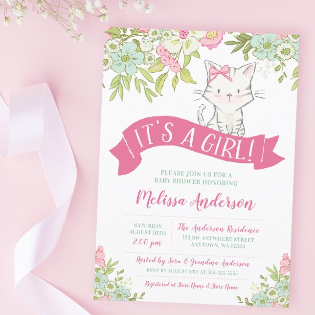 Invitation Floral Kitty Girl Baby shower (Créateur téléchargé)