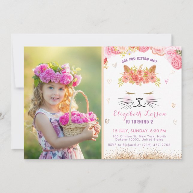 Invitation Floral Kitty Photo Anniversaire Enfants Jote Golde (Devant)