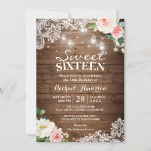 Invitation Floral Lace Mason Jar Lights Sweet 16 Anniversaire