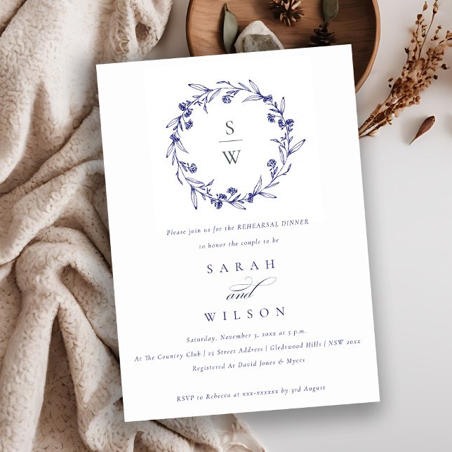 Invitation Floral Laurel Wreath Navy Dîner de répétition bleu (Créateur téléchargé)