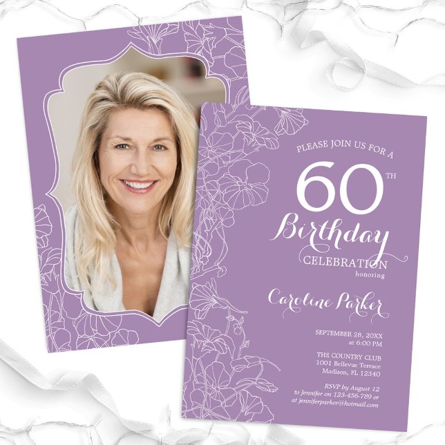 Invitation Floral Lavender Purple Photo 60e fête d'anniversai (Créateur téléchargé)