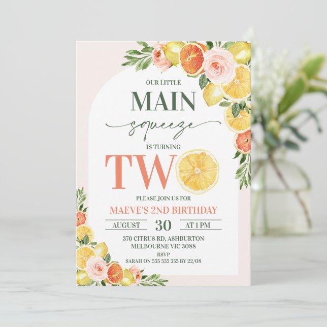 Invitation Floral Lemon Orange Our Main Squeeze 2e Anniversai (Debout devant)