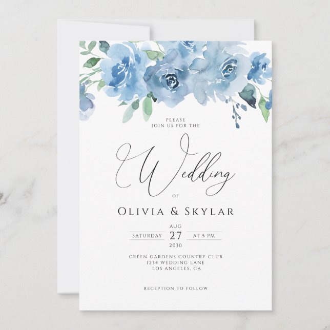 Invitation Floral Light Bébé Bleu QR Code Tout en un Mariage (Devant)