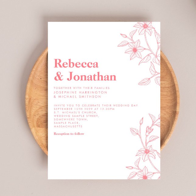 Invitation Floral Line Art Mariage rose (Créateur téléchargé)