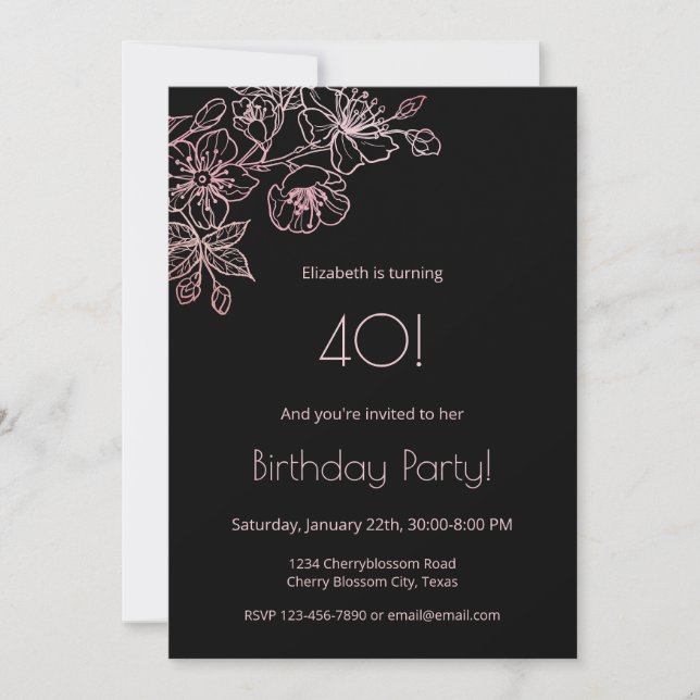 Invitation Floral Line Art rose Noir Anniversaire (Devant)