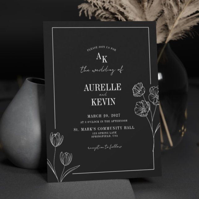 Invitation Floral Line Art Rustic Black Elegant Wedding (Créateur téléchargé)