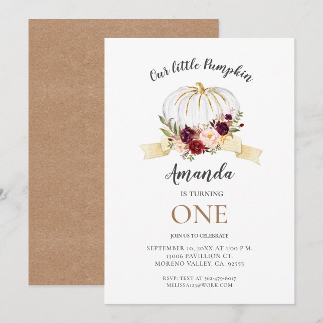 Invitation Floral Little Citrouille fête son anniversaire (Devant / Derrière)
