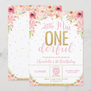 Invitation Floral Little Miss Onederful 1er Anniversaire Or