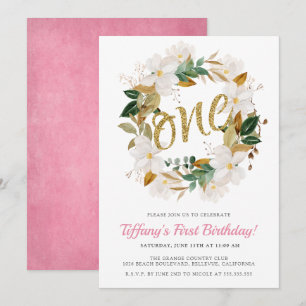 Invitation Floral Magnolia Rose et Or 1er anniversaire