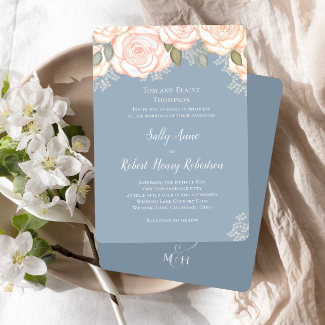 Invitation Floral Mariage bleu-dusty (Elegant dusty blue wedding invitation template.)