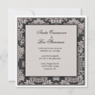 Invitation Floral mariage damassé noir et argent