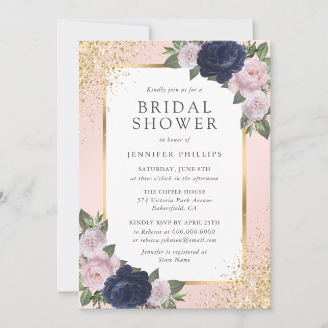 Invitation Floral Marine Bleu Blush Fête des mariées or rose (Devant)