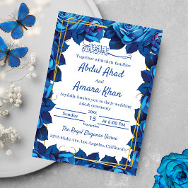 Invitation Floral Marine Bleu et Gold Frame Mariage islamique