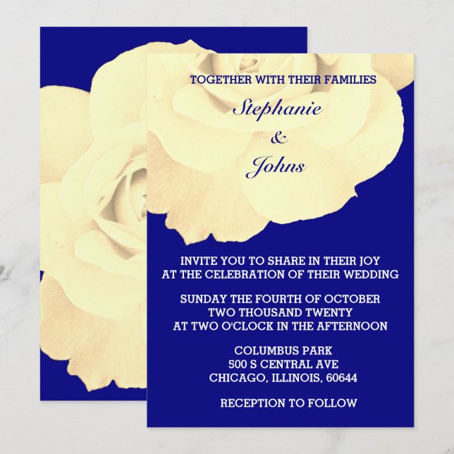 Invitation Floral Marine bleu ivoire blanc Rose Mariage (Devant / Derrière)