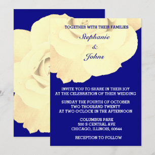 Invitation Floral Marine bleu ivoire blanc Rose Mariage