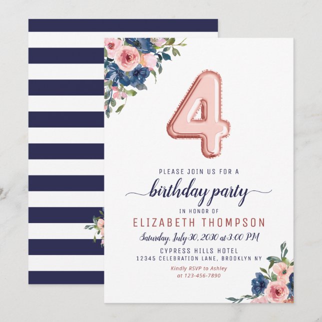 Invitation Floral Marine Blush Rose Gold Balloon 4e anniversa (Devant / Derrière)