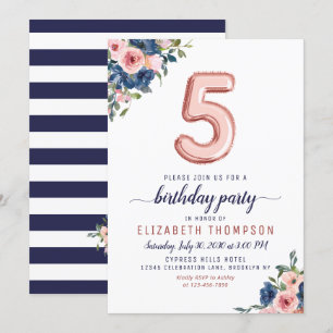 Invitation Floral Marine Blush Rose Gold Balloon 5e anniversa