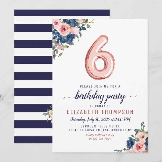 Invitation Floral Marine Blush Rose Gold Balloon 6e anniversa (Devant / Derrière)