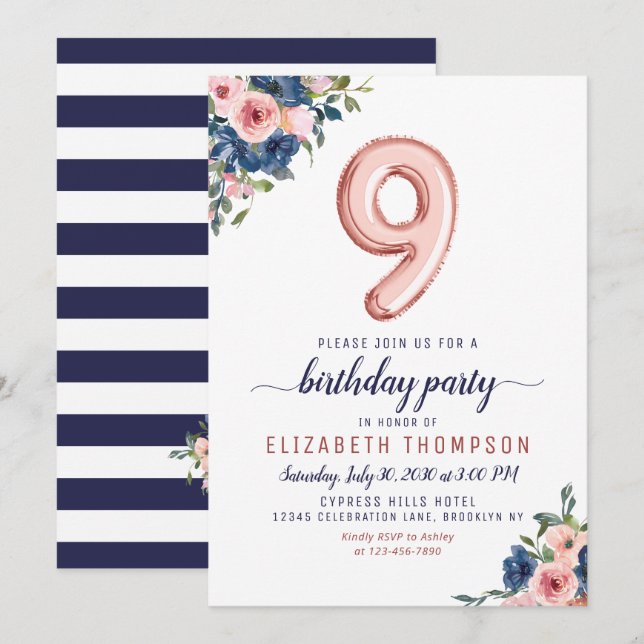 Invitation Floral Marine Blush Rose Gold Balloon 9e anniversa (Devant / Derrière)