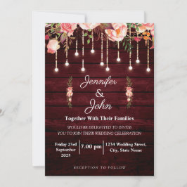 Invitation Floral Maroon en bois Mariage rustique