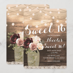 Invitation Floral Mason Jar & Lights Rustic Country Sweet 16