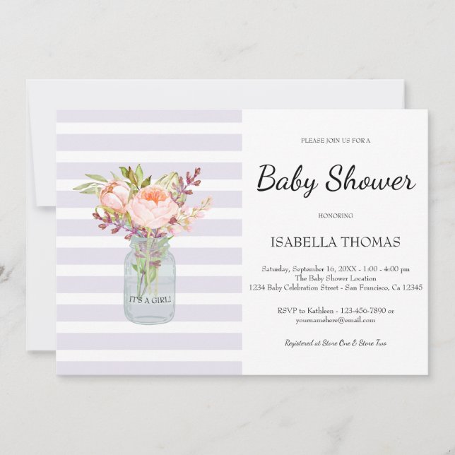 Invitation Floral Mason Jar Purple Stripes Baby shower (Devant)