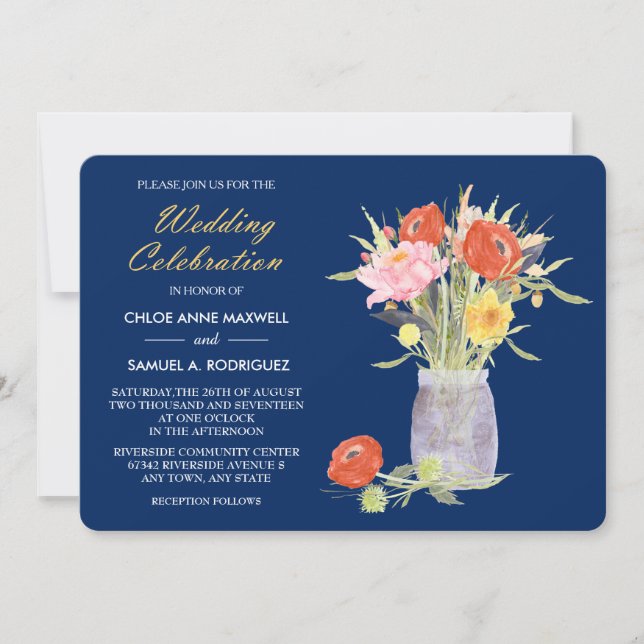 Invitation Floral Mason Jar sur Mariage bleu marine (Devant)