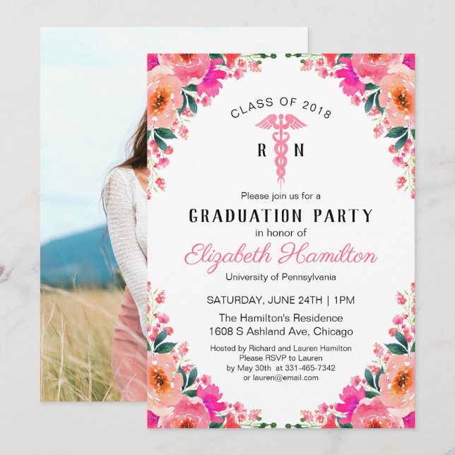 Invitation Floral Médicale Nuring School Grad Party Photo (Devant / Derrière)