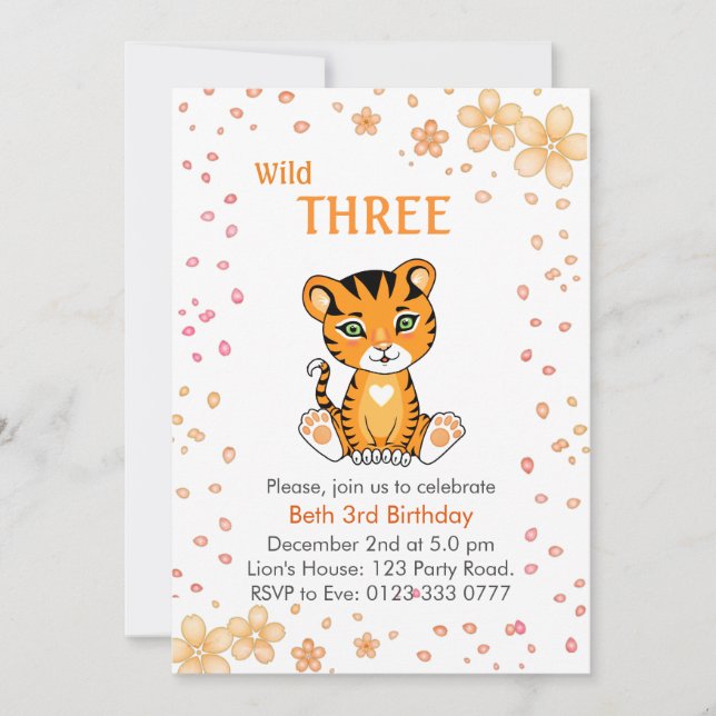 Invitation Floral mignon Wild Three Tiger 3e anniversaire (Devant)