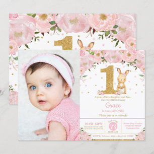 Invitation Floral mignonne lapin lapin fille 1er anniversaire