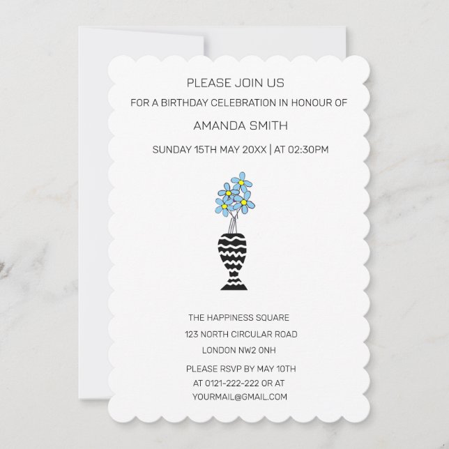Invitation Floral moderne Abstrait Bleu Fleur d'Anniversaire (Devant)