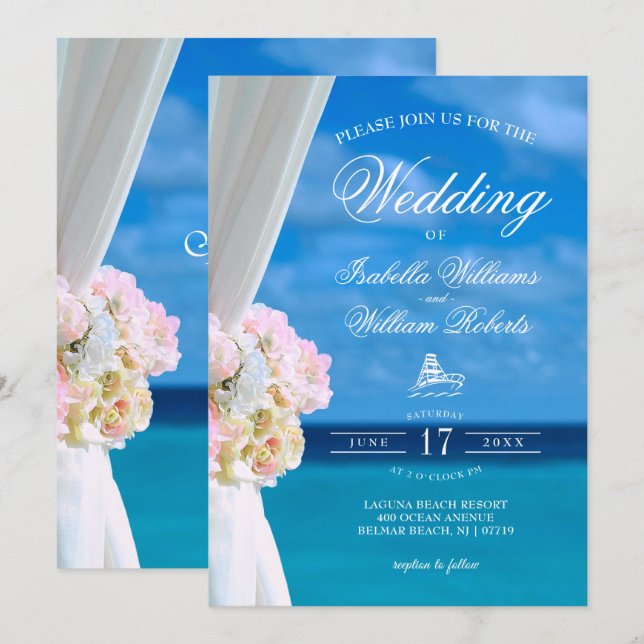Invitation Floral moderne Blue Ocean Beach Mariage (Devant / Derrière)