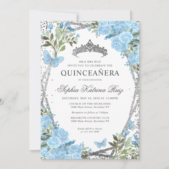 Invitation Floral moderne Dusty Bleu Argent Tiara Quinceañera (Devant)