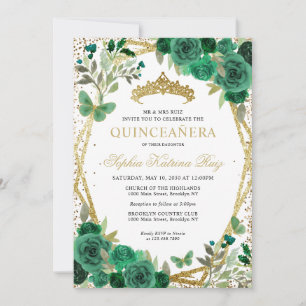 Invitation Floral moderne Emerald Vert Or Tiara Quinceañera