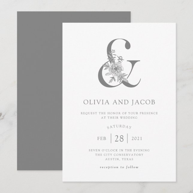 Invitation Floral moderne | Mariage gris et blanc (Devant / Derrière)