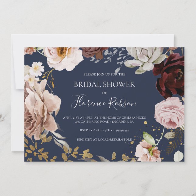 Invitation Floral moderne | Marine Fête des mariées horizonta (Devant)