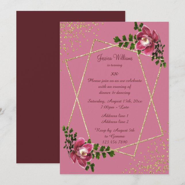 Invitation Floral moderne, Parties scintillant & Confetti Ann (Devant / Derrière)