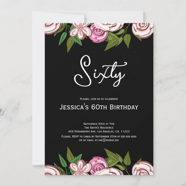 Invitation Floral moderne rose noir 60e anniversaire (Devant)